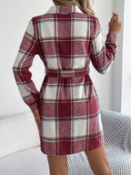 Back view burgundy plaid belted shirt dress, long sleeves, tie waist belt.