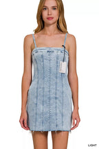Light wash denim spaghetti strap dress with exposed seams and square neckline
