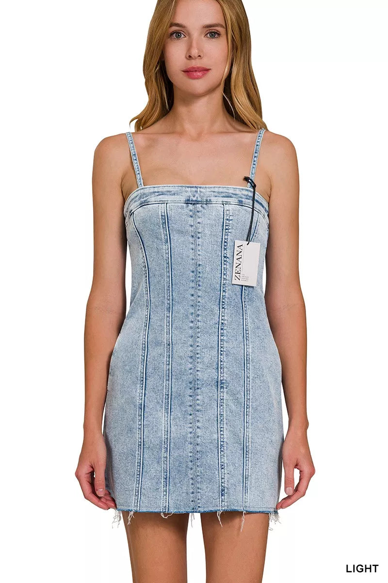 Light wash denim spaghetti strap dress with exposed seams and square neckline