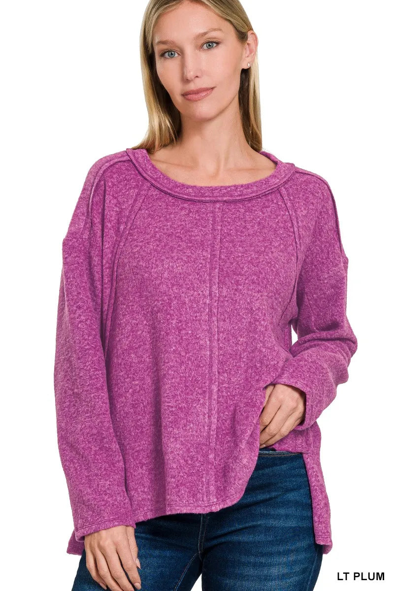 Zenana Brushed Hacci Hi Low Sweater – Exposed Seam, Cozy & Trendy Style