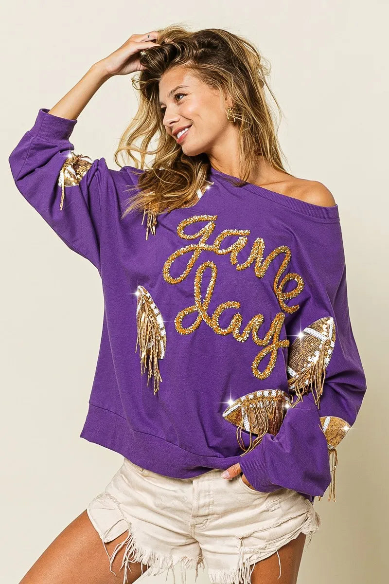 BiBi Sequin Football Patch Game Day Sweatshirt Sparkle & Team Spirit