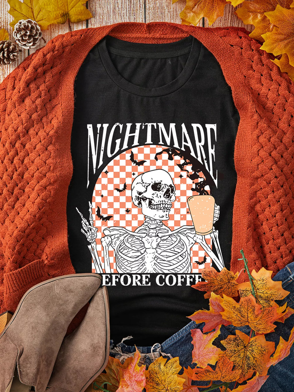 Halloween Skull Checkerboard Graphic Tee – Round Neck T-Shirt