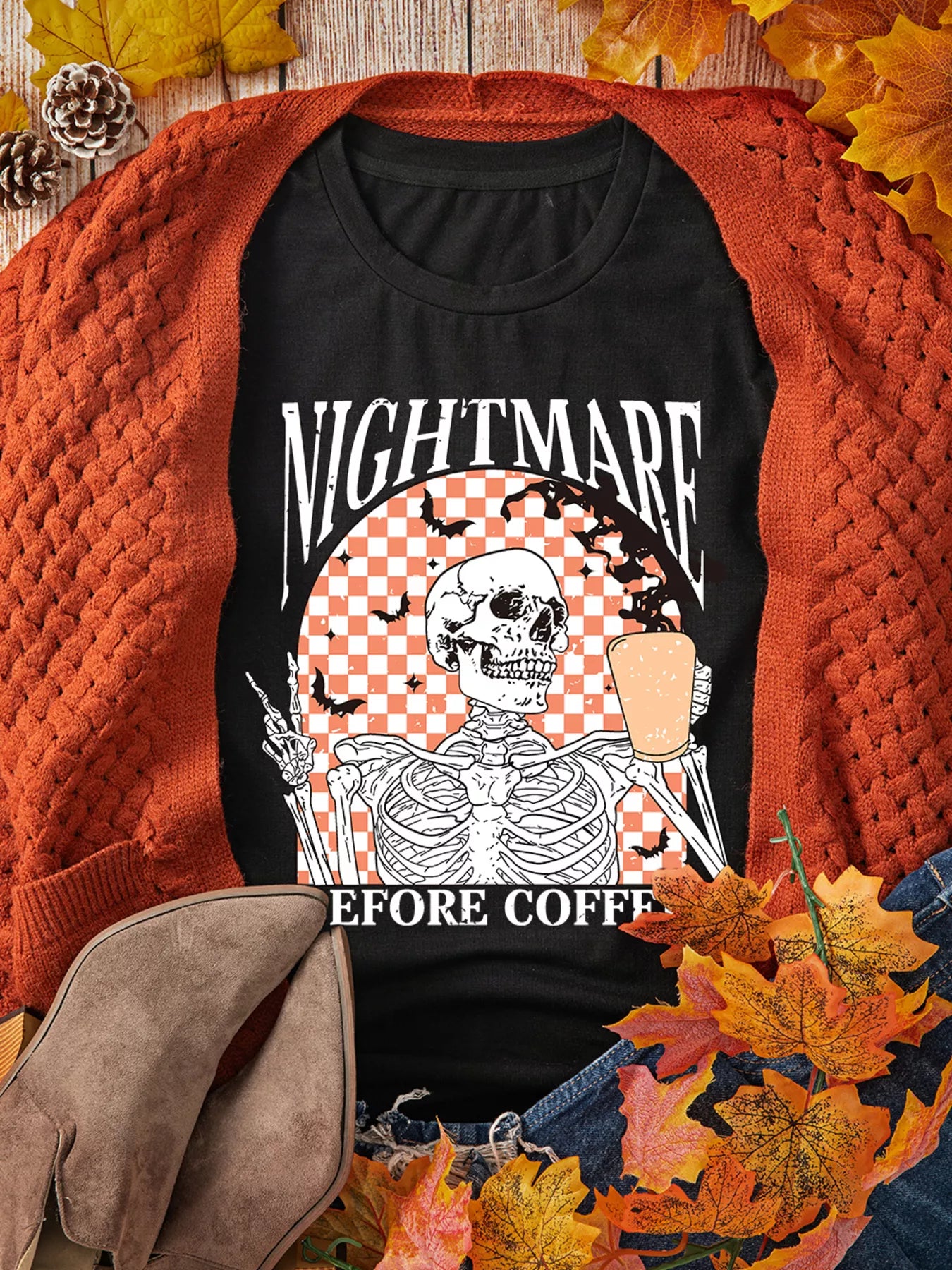 Halloween Skull Checkerboard Graphic Tee – Round Neck T-Shirt