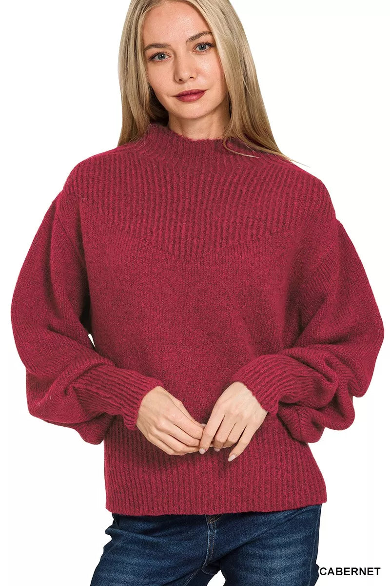 Zenana Balloon Sleeve Mock Neck Sweater – Chic Cozy Elegance