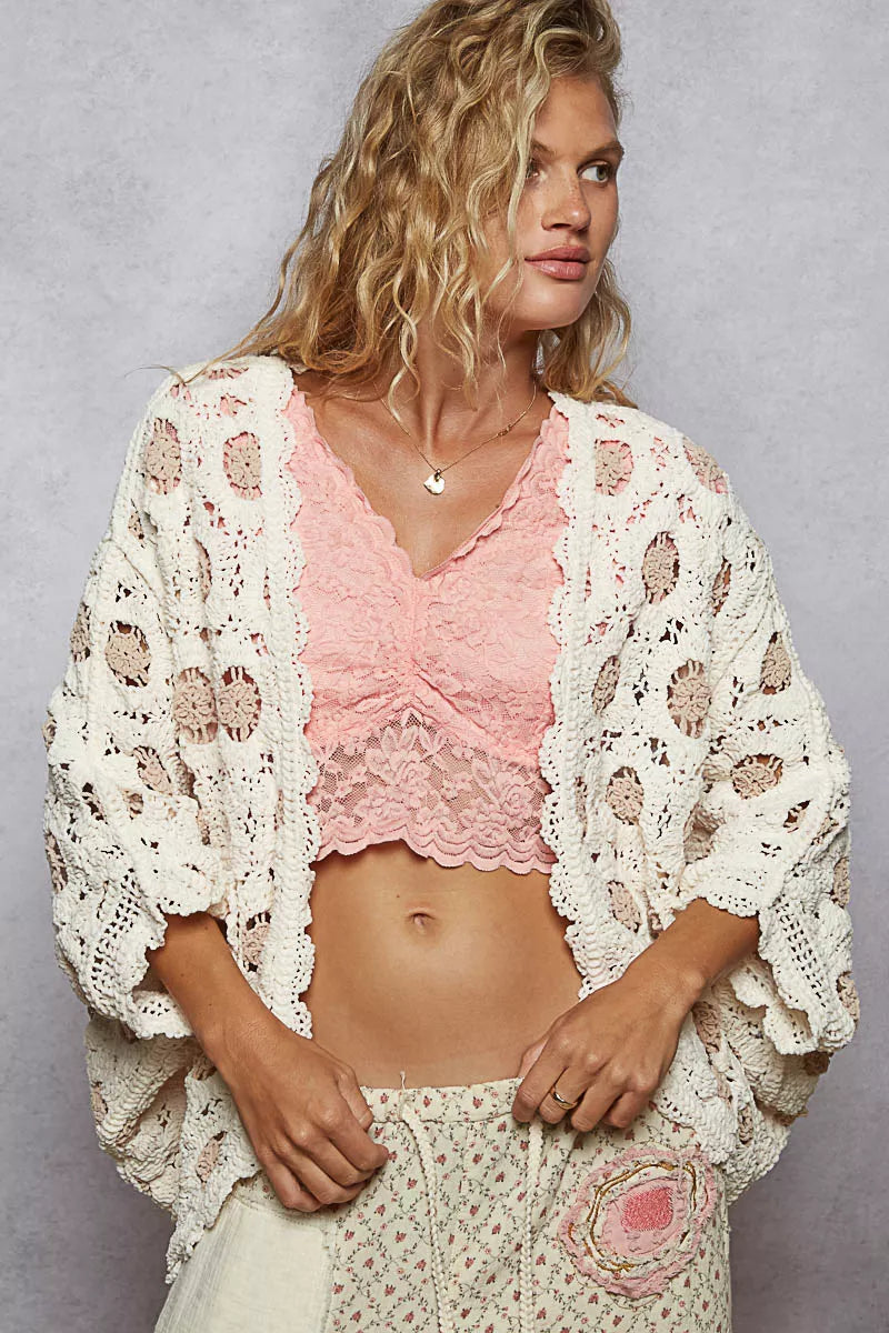Chenille V-Neck Relaxed Fit Cardigan – Floral Batwing Design
