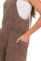 Brown Checkered Short Romper – Square Neck, Adjustable Straps & Pockets