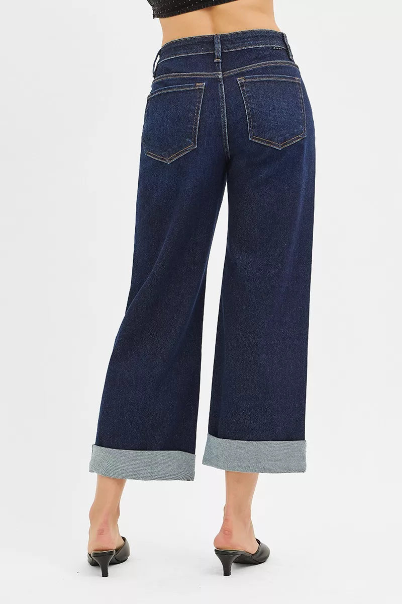 Risen Mid Rise Stretch Ankle Jeans with Wide Roll Cuffs
