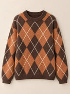 Fuzzy argyle knit sweater, brown and rust tones with white diamond pattern; crew neck.