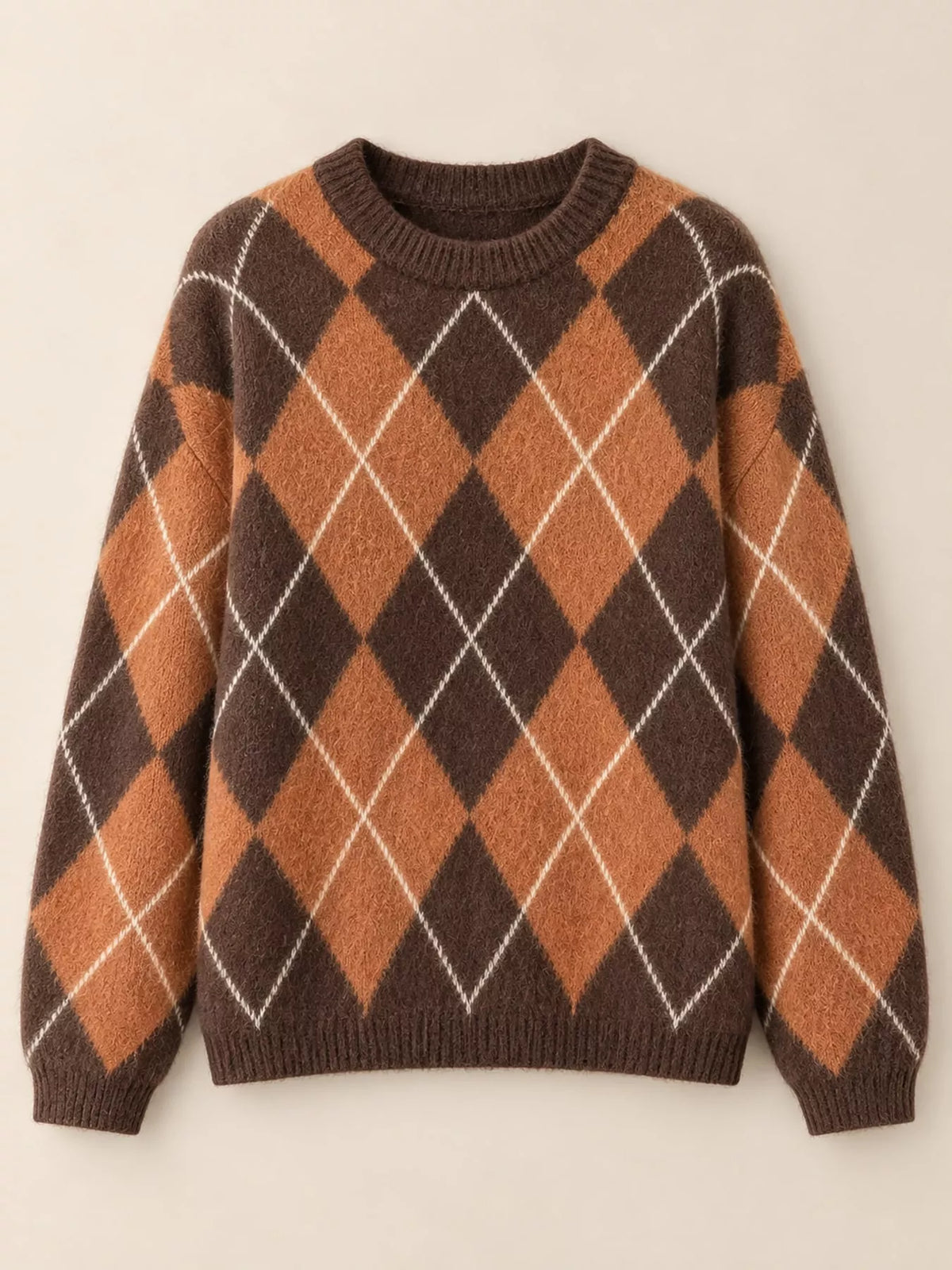 Fuzzy argyle knit sweater, brown and rust tones with white diamond pattern; crew neck.