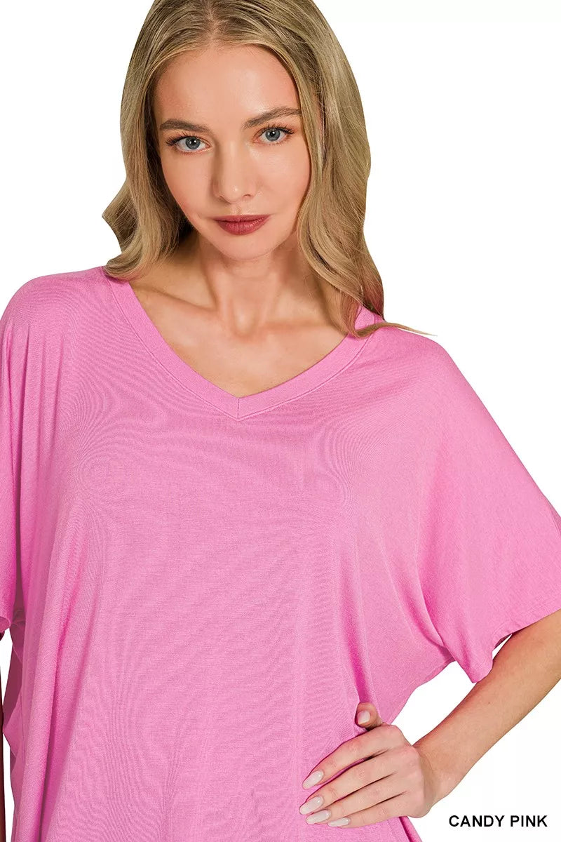 Candy pink V-neck oversized top with draped dolman sleeves