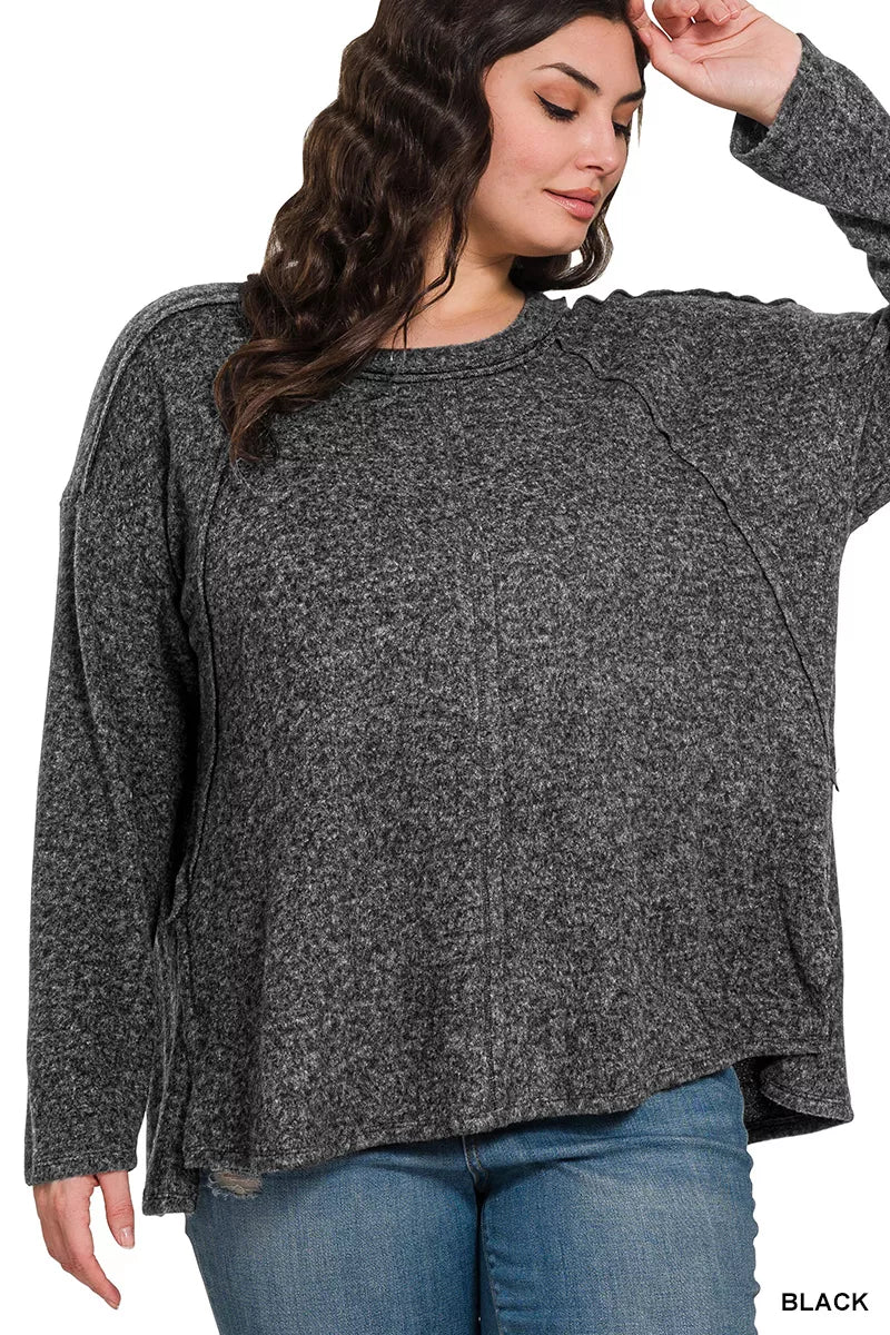 Zenana Brushed Hacci Exposed Seam Hi-Low Sweater – Charcoal Gray