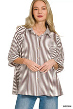 Women's oversized striped button-down shirt, collared with button front and gathered sleeves