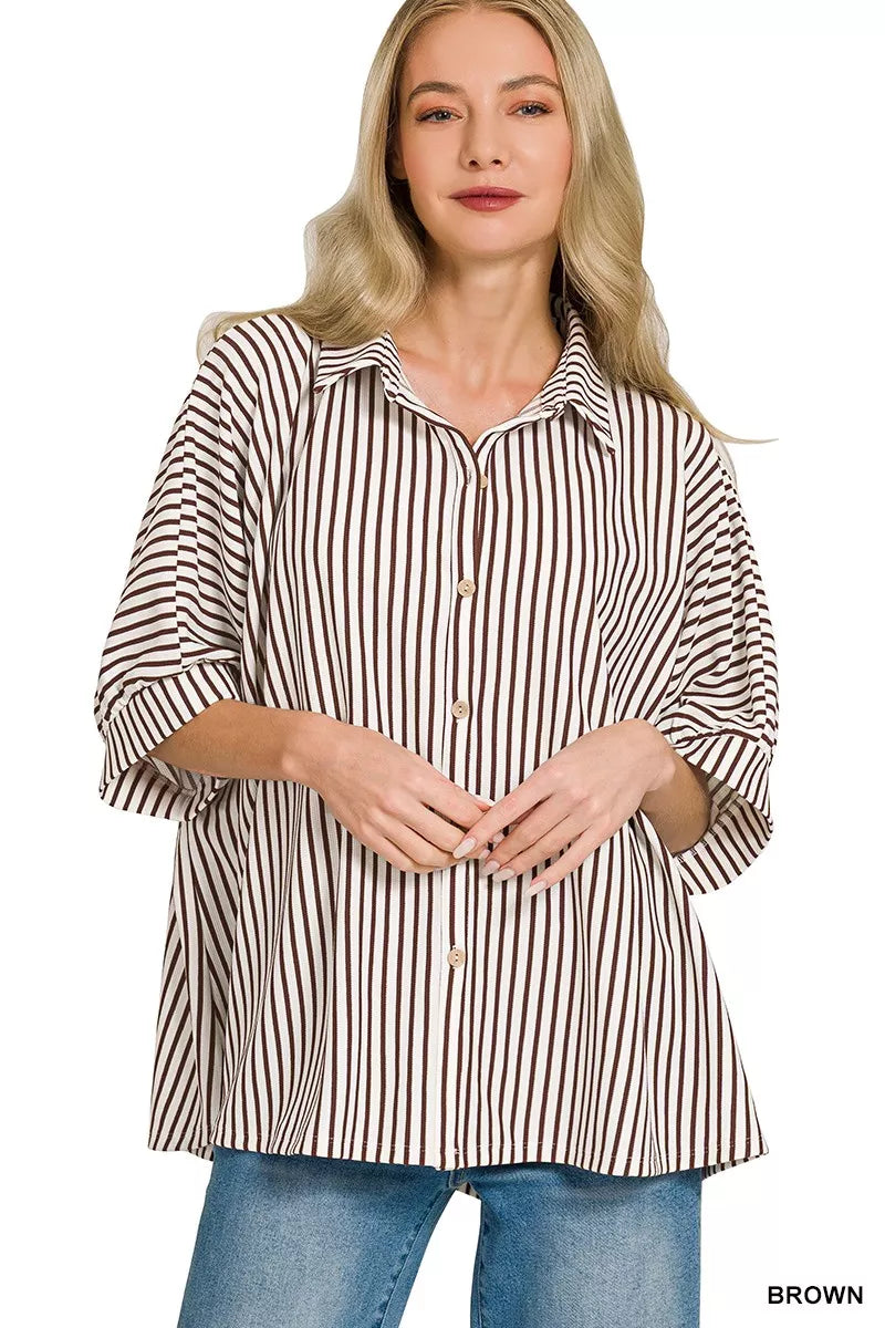 Women's oversized striped button-down shirt, collared with button front and gathered sleeves
