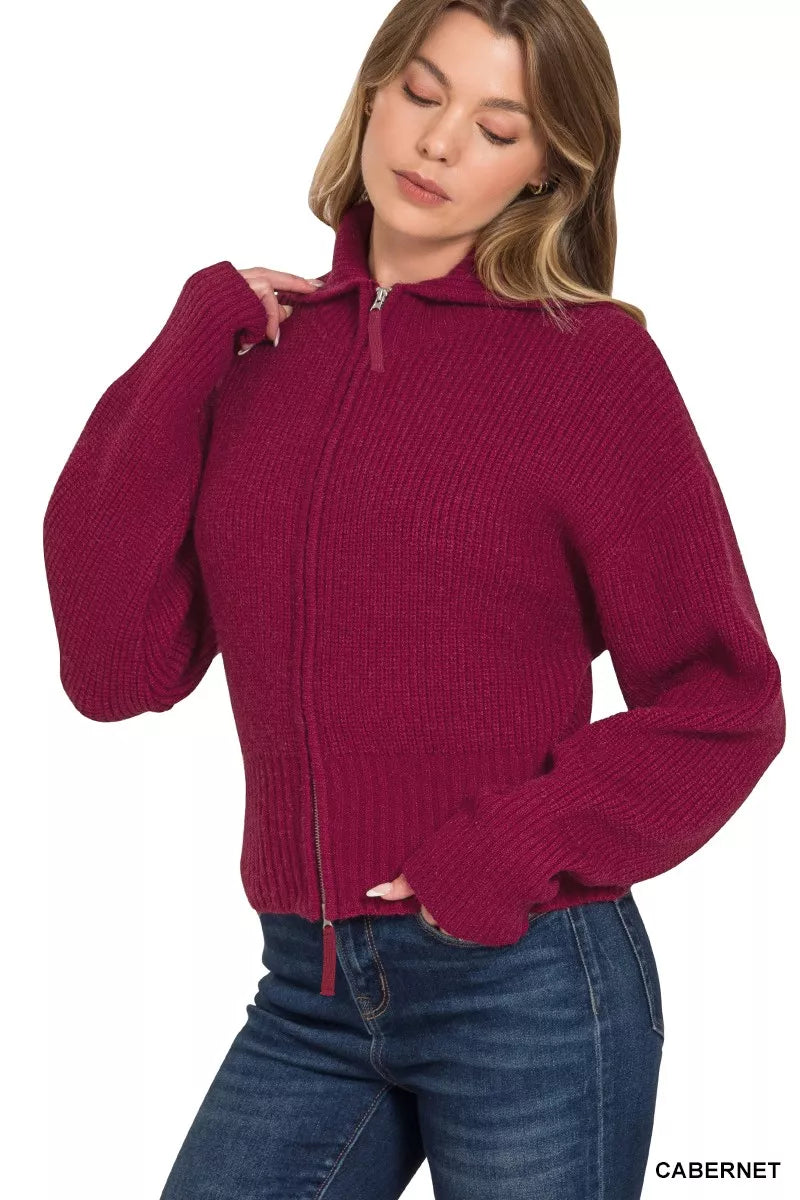 Zenana Ribbed Collared Zip Up Sweater – Cozy & Stylish Cardigan Look