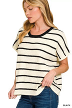 Striped oversize sweater top, crew neckline and short sleeves in black and cream stripes