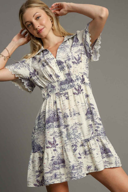 Umgee Landscape Print Collared Mini Dress
