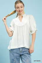Off-white smocked yoke blouse with ruffle sleeves and V-neck, womens top