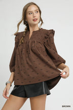 Bow Print Corduroy Puff Sleeve Blouse – Ruffled Feminine Top