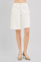 Cream denim bermuda shorts with floral embroidery and button closure, frayed hem