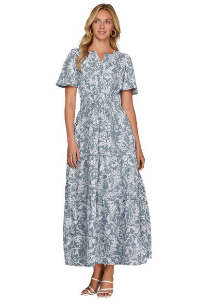 She + Sky Printed Notched Woven Tiered Pintuck Maxi Dress with Side Pockets