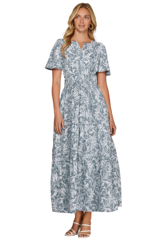 She + Sky Printed Notched Woven Tiered Pintuck Maxi Dress with Side Pockets