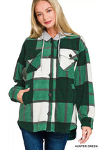 Women's plaid fleece shacket with drawstring hood, button front, front pockets