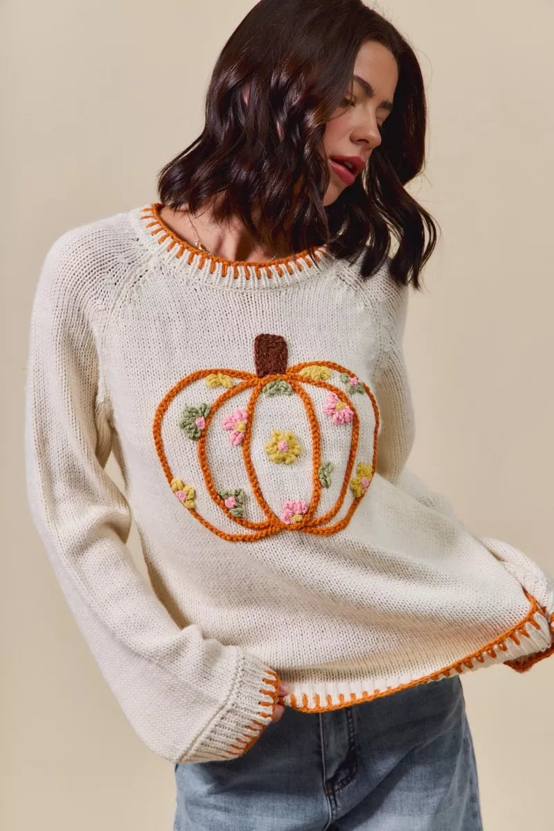 Pumpkin Floral Embroidered Thanksgiving Sweater – Festive Fall Knit