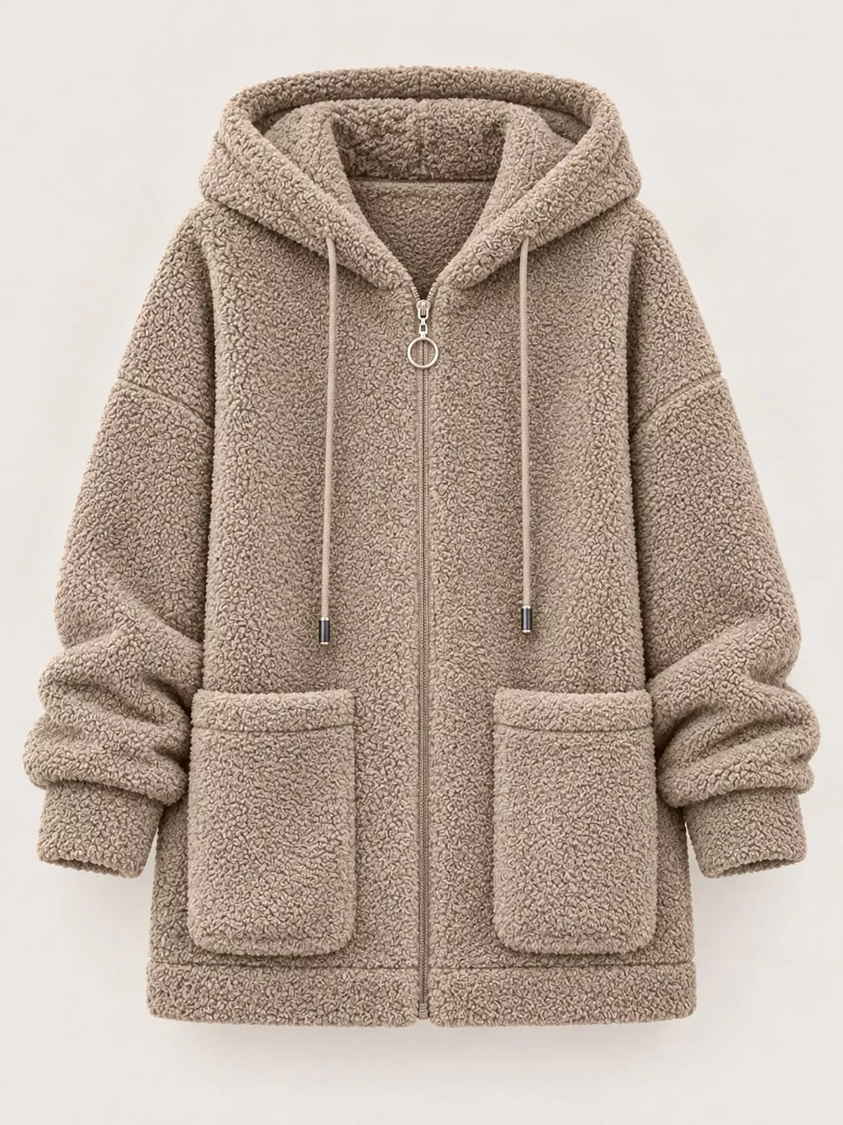 Beige fleece zip-up hoodie with drawstring hood and front patch pockets, zip front.