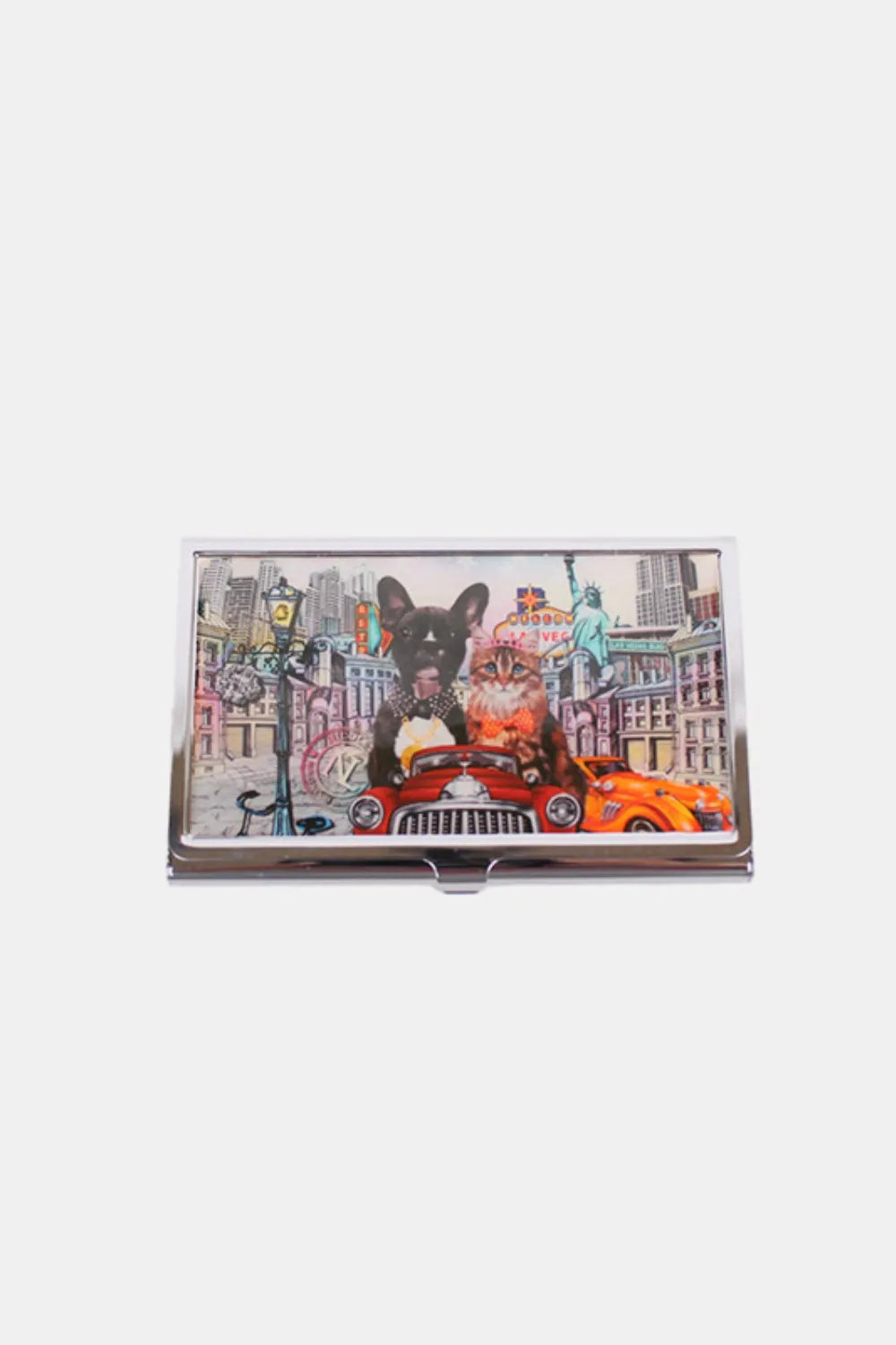 Metallic business card case with colorful city graphic and snap closure