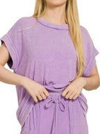 Lavender Lounge Set – Short Sleeve Top & Wide-Leg Drawstring Pants
