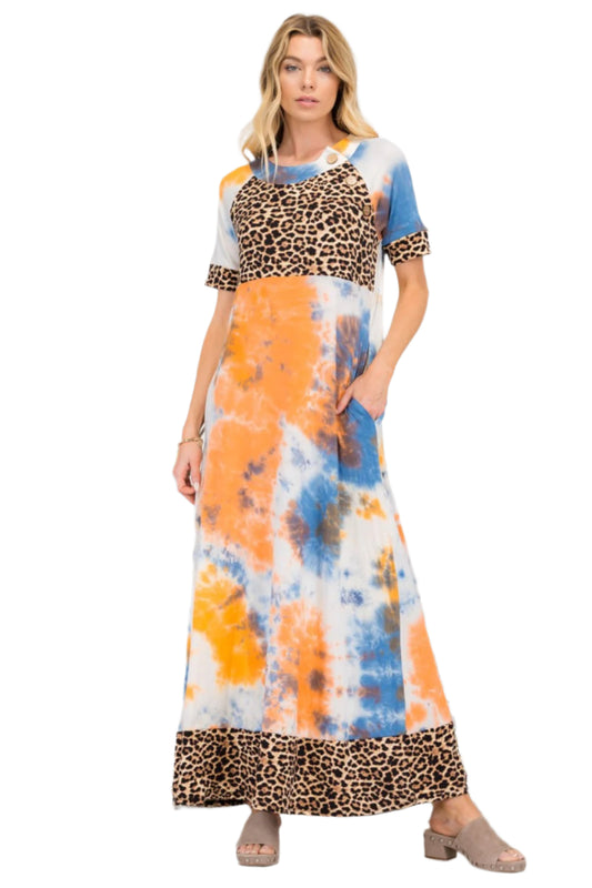Celeste Leopard Tie-Dye Button Detail Short Sleeve Maxi Dress