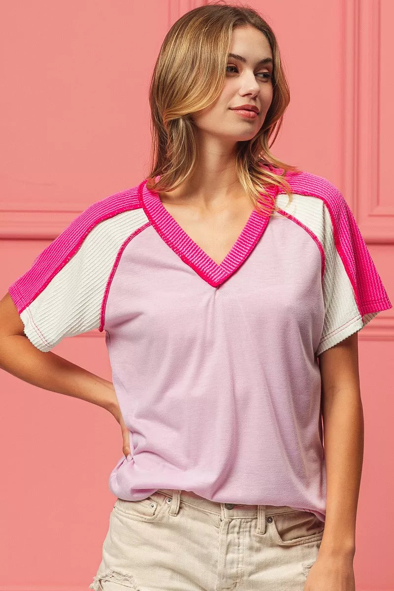 ord Rib Combo V-Neck Jersey Knit Top | Chic Women’s Casual Layering Shirt