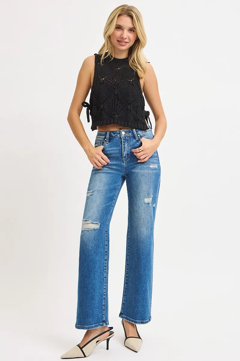 Dreamkue-Risen Women's High Rise Ankle Straight Jeans Distressed Front Body Stretch Denim