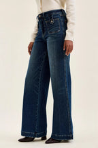 Dark faded indigo wide-leg jeans with patch pocket detailing and belt loops