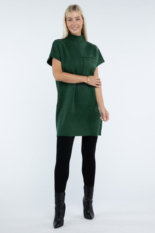 Zenana Mock Neck Short Sleeve Sweater Dress with Pocket