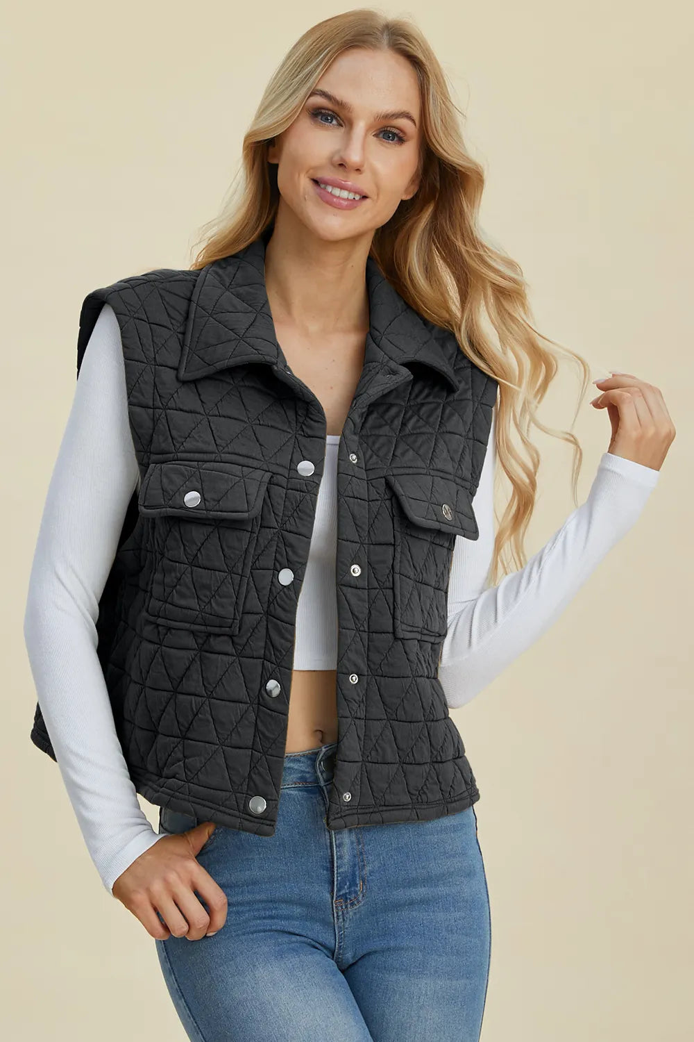 Double Take Full Size Snap Down Textured Vest Coat with Pockets