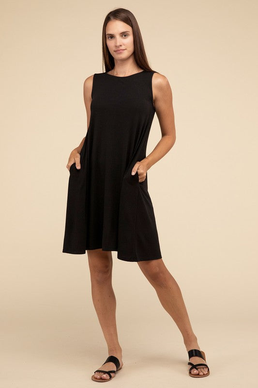 Zenana Sleeveless Flared Dress with Side Pockets