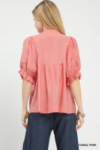 Coral pink blouse with gathered back yoke and ruffle cuffs, short sleeves