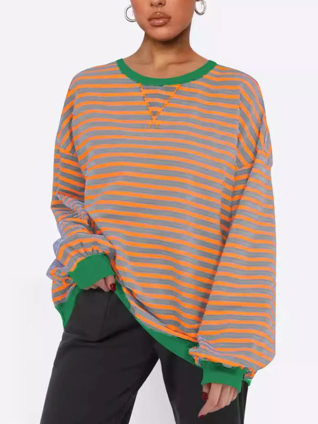 Striped Round Neck Long Sleeve Sweatshirt – Casual Everyday Style