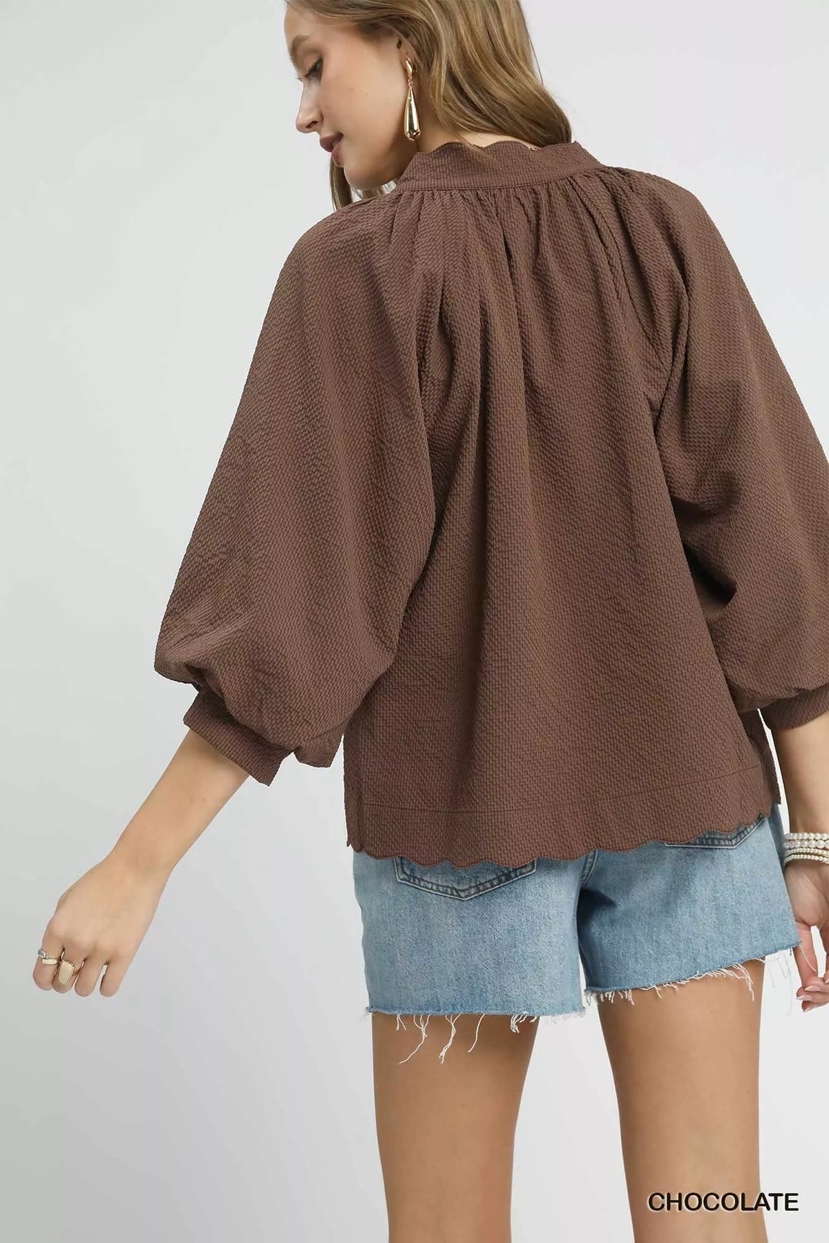 Textured Notched Balloon Sleeve Blouse – Chic & Feminine Top