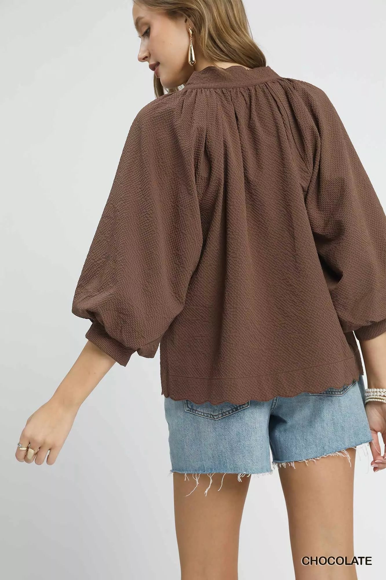 Textured Notched Balloon Sleeve Blouse – Chic & Feminine Top