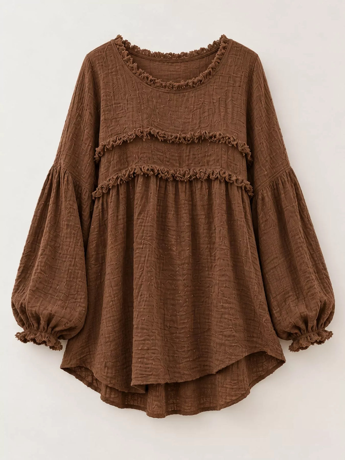 Brown frayed trim peplum blouse with tiered ruffle bands and gathered balloon sleeves