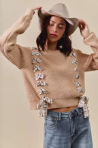 SO ME Checkered Plaid Lace Up Sweater – Trendy Ribbed Knit Style