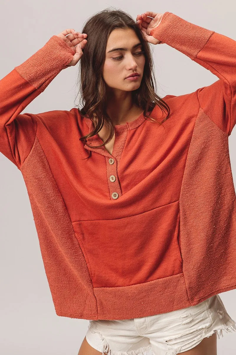 French Terry Henley Top with Side Block Detail & Button Accents