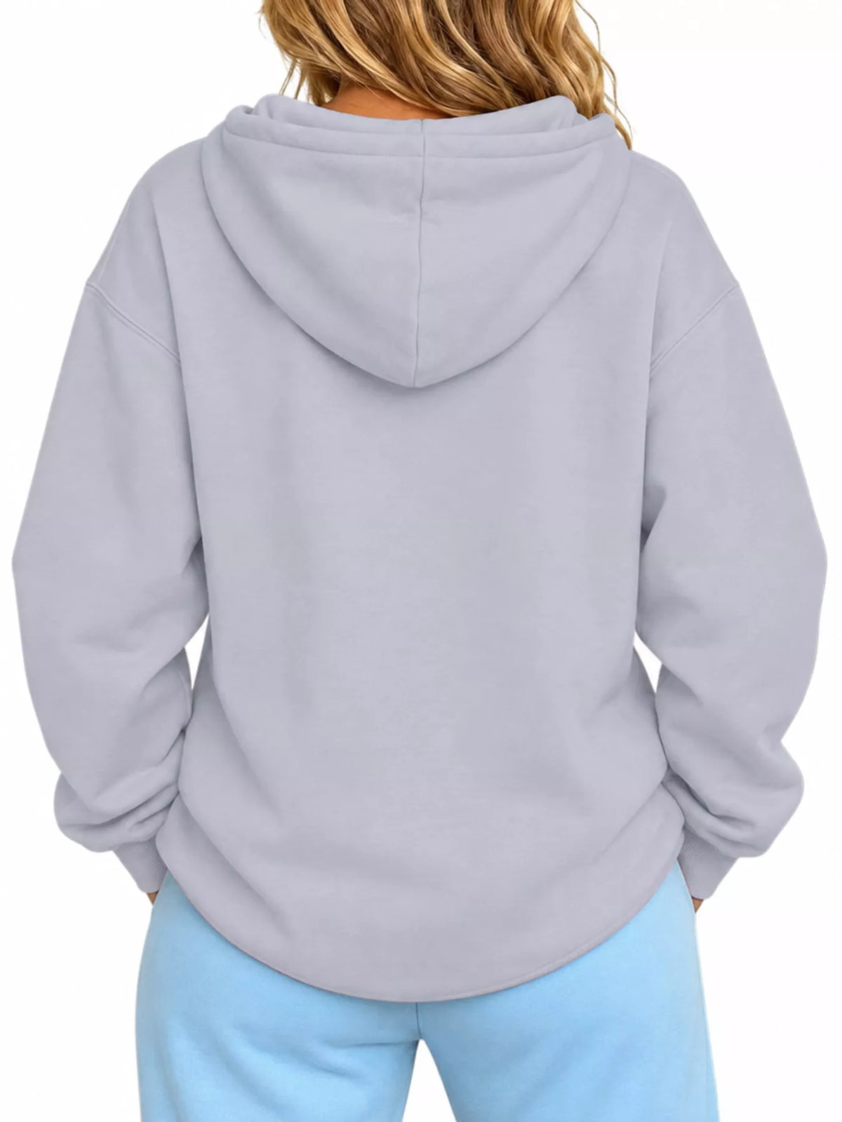 Light gray cat pouch drawstring hoodie with hood and long sleeves, worn back view