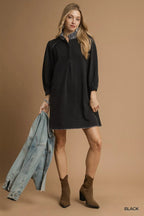French Terry Balloon Sleeve Shift Dress with Leopard Print