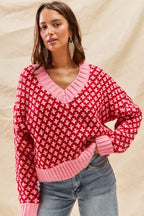 Color Block Textured Christmas Sweater V-Neck