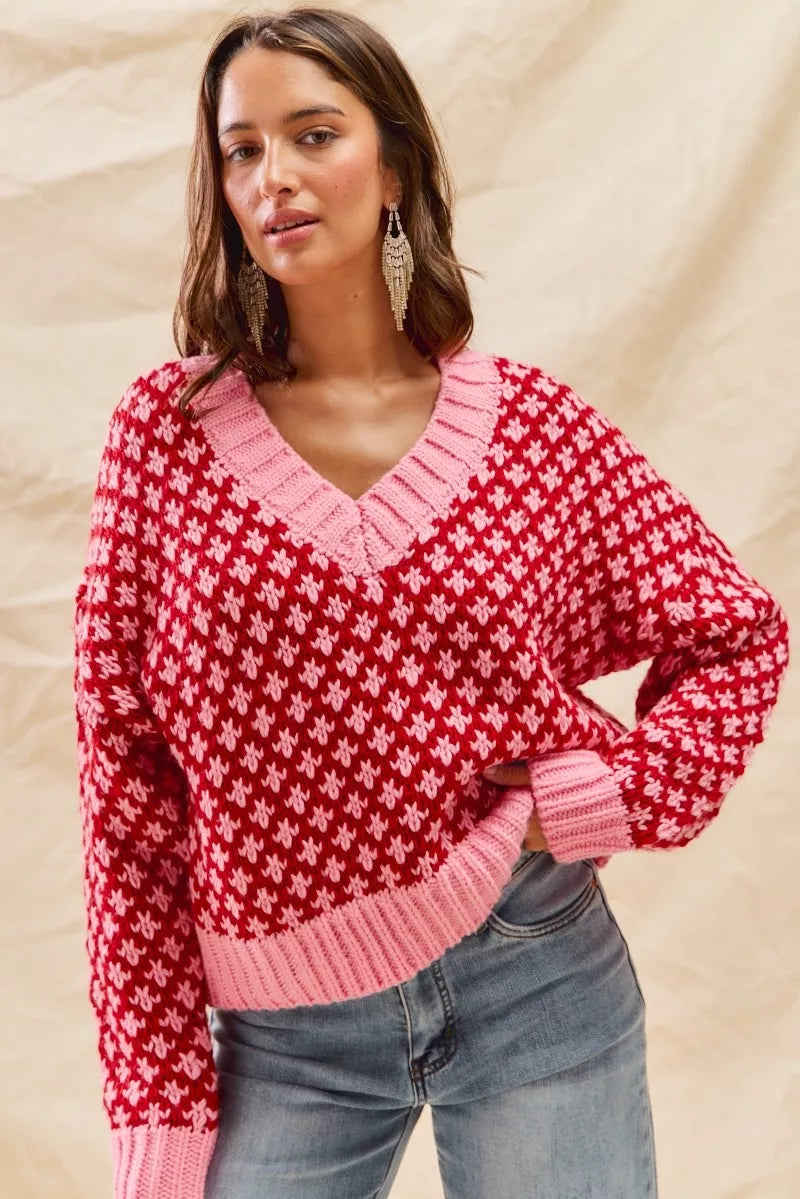 Color Block Textured Christmas Sweater V-Neck