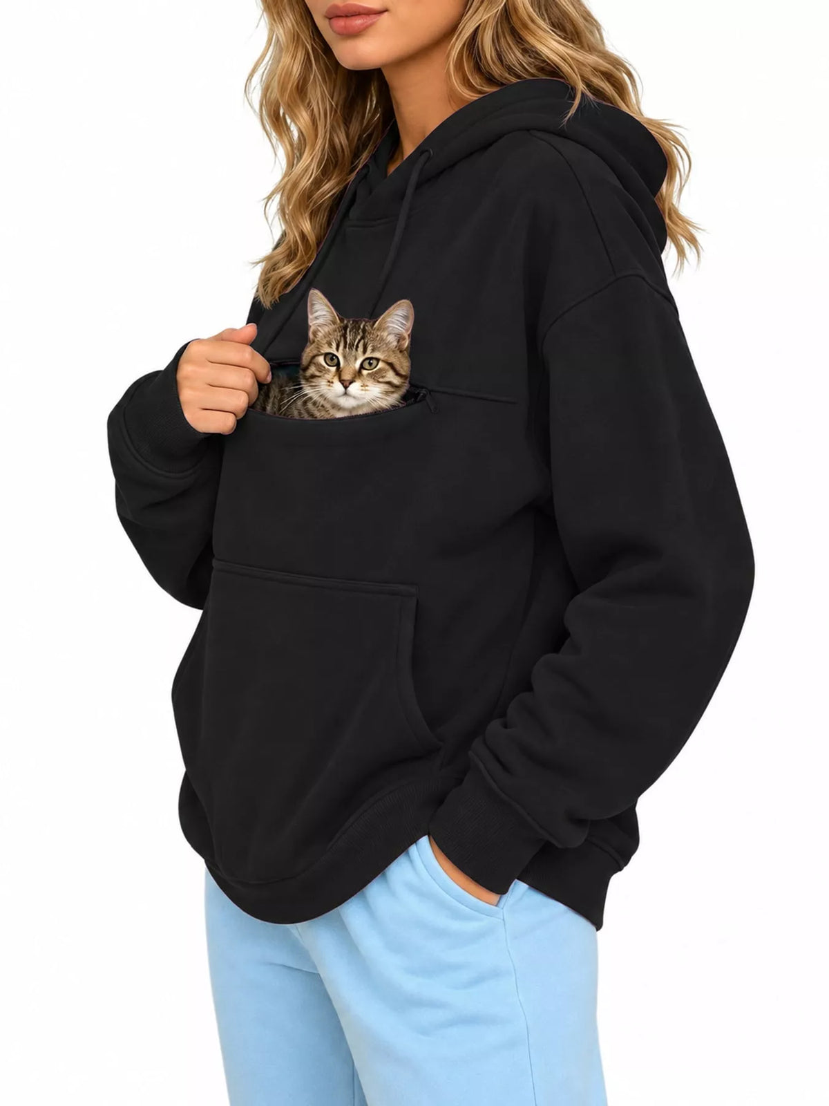 Black cat pouch drawstring hoodie with front pouch pocket and hood