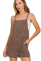 Brown Checkered Short Romper – Square Neck, Adjustable Straps & Pockets